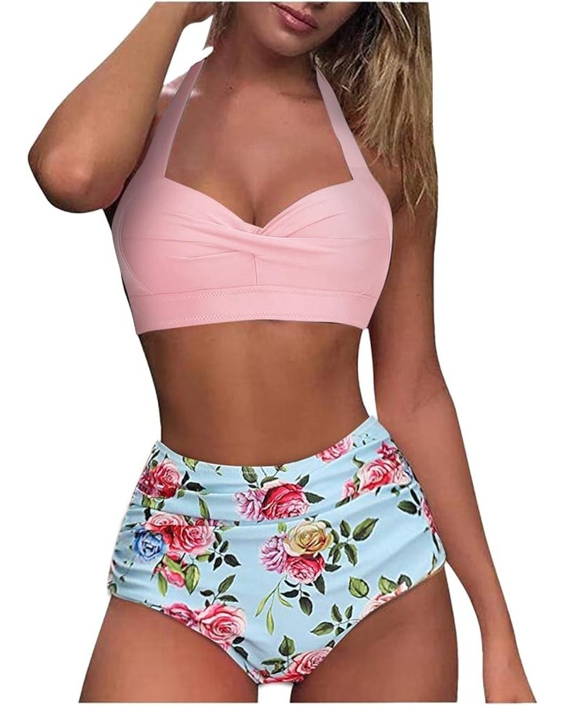 Women's Bathing Suit Vintage Drawstring Halter Neck Tankini Set Waist Swimwears 02-pink Floral $5.27 Swimsuits