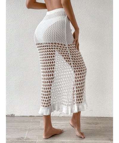 Women's Crochet Hollow Out Ruffle Trim Drawstring Waist Maxi Beach Skirts Swimsuit Cover Ups White $14.10 Swimsuits