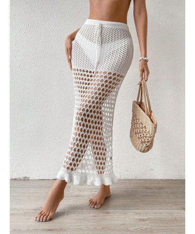 Women's Crochet Hollow Out Ruffle Trim Drawstring Waist Maxi Beach Skirts Swimsuit Cover Ups White $14.10 Swimsuits