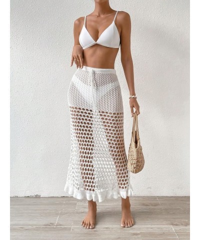 Women's Crochet Hollow Out Ruffle Trim Drawstring Waist Maxi Beach Skirts Swimsuit Cover Ups White $14.10 Swimsuits