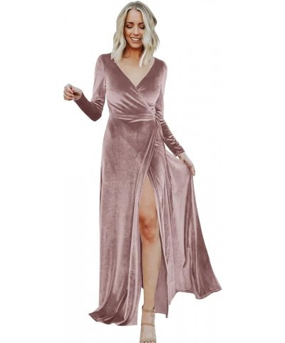 Women's Velvet Wrap Dresses V Neck Bridesmaid Dresses Long Sleeve Formal Evening Gowns Dusty Rose-long-sleeve $27.20 Dresses