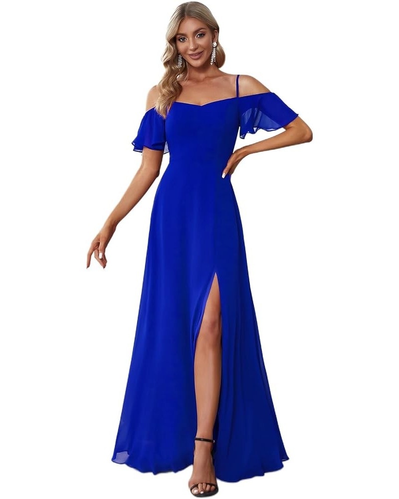 Women's Formal Dresses Off Shoulder Short Sleeve Split A-Line Floor Length Bridesmaid Dresses 0237 Sapphire Blue $37.60 Dresses