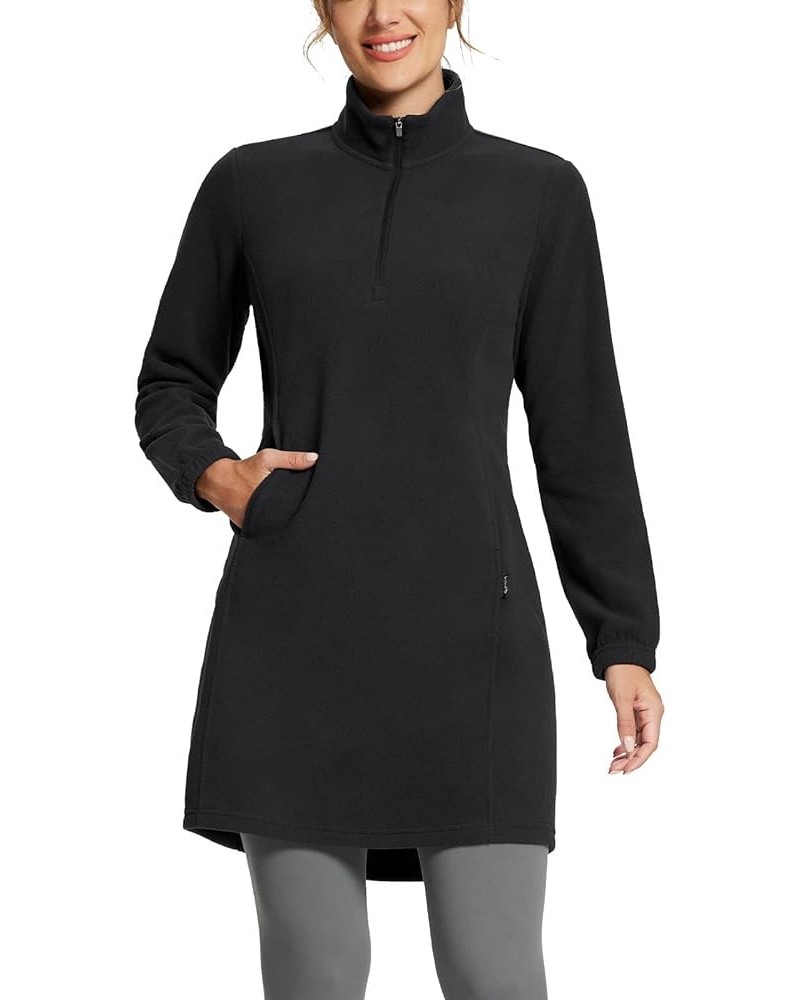 Women's Polar Fleece Dress Long Vest Sweatshirt Tunic Dress Quarter Zip Pullover Winter Outfits Pocket Black $23.52 Activewear