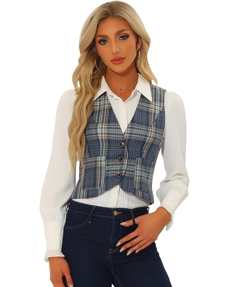 Plaid Vest for Women's Single Breasted V Neck Sleeveless Racerback Vintage Waistcoat Grey Blue $14.04 Vests