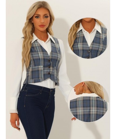 Plaid Vest for Women's Single Breasted V Neck Sleeveless Racerback Vintage Waistcoat Grey Blue $14.04 Vests