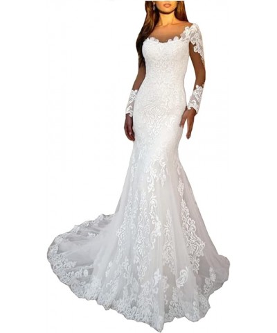 Women's Lace Chiffon Beach Wedding Dresses for Bride 2023 with Sleeves Long Bridal Gown Style9 White $65.56 Dresses