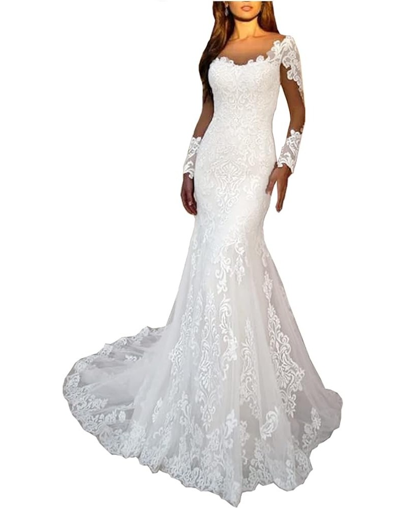 Women's Lace Chiffon Beach Wedding Dresses for Bride 2023 with Sleeves Long Bridal Gown Style9 White $65.56 Dresses