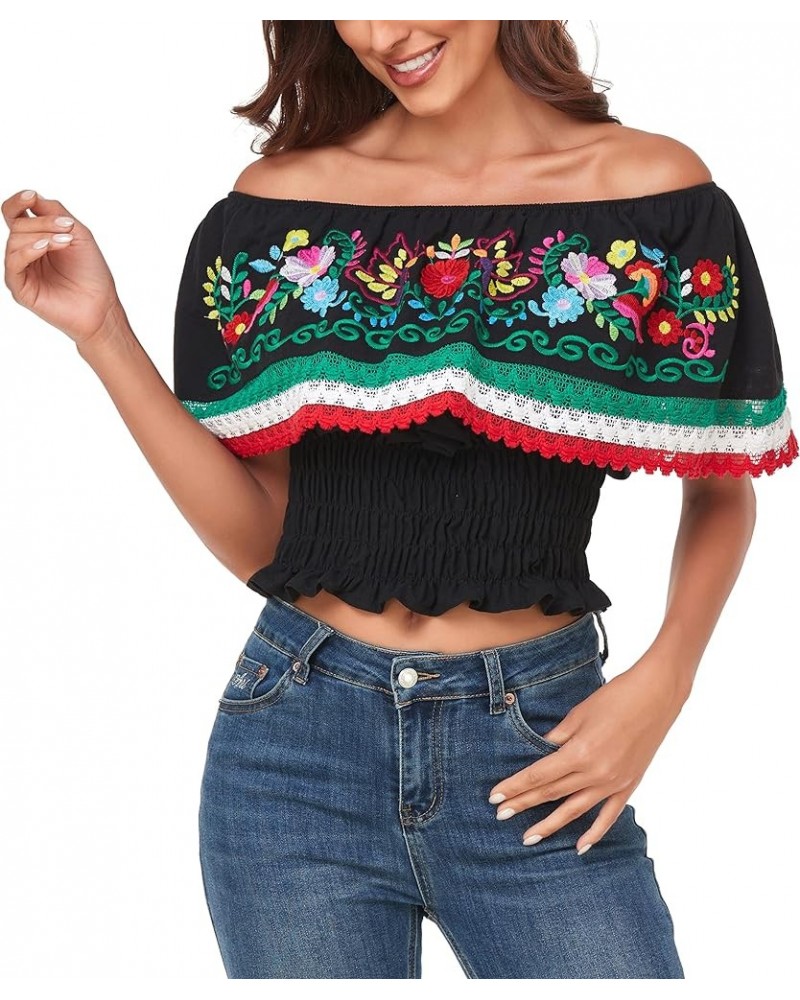 Women Mexican Embroidered Off-Shoulder Shirt Lace Falbala Top 347bk $18.62 Blouses