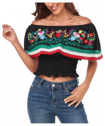 Women Mexican Embroidered Off-Shoulder Shirt Lace Falbala Top 347bk $18.62 Blouses