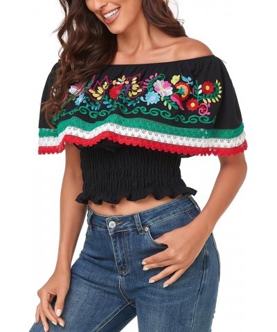 Women Mexican Embroidered Off-Shoulder Shirt Lace Falbala Top 347bk $18.62 Blouses