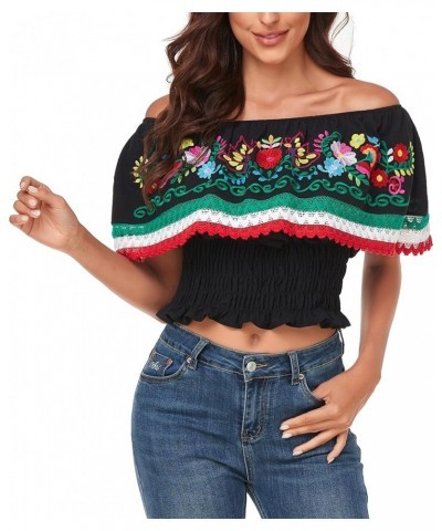 Women Mexican Embroidered Off-Shoulder Shirt Lace Falbala Top 347bk $18.62 Blouses