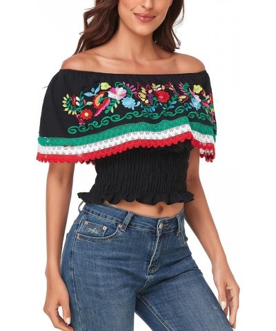 Women Mexican Embroidered Off-Shoulder Shirt Lace Falbala Top 347bk $18.62 Blouses