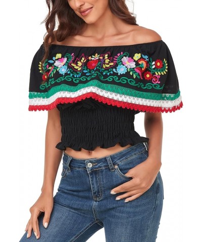 Women Mexican Embroidered Off-Shoulder Shirt Lace Falbala Top 347bk $18.62 Blouses