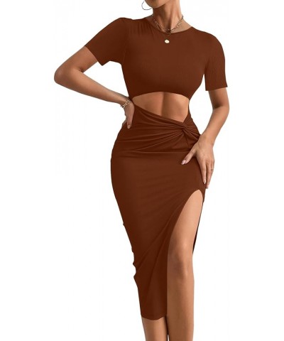 Women's Twist Cutout Waist Split Crewneck Short Sleeve Bodycon Midi Dress Caramel $22.13 Dresses