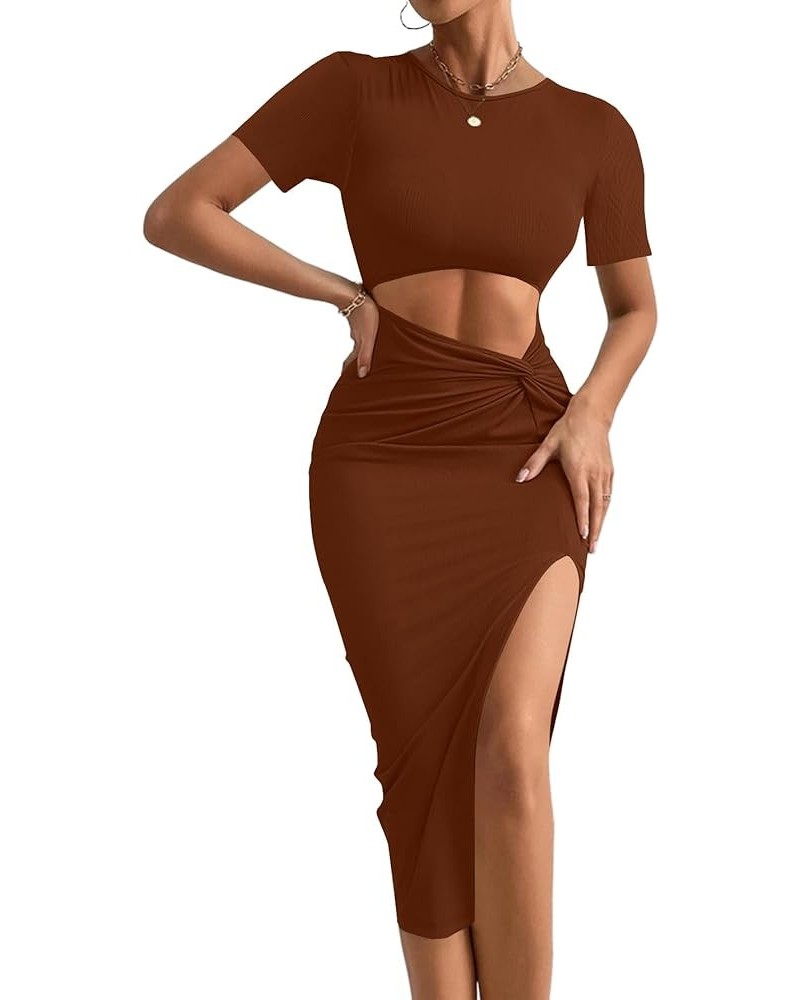 Women's Twist Cutout Waist Split Crewneck Short Sleeve Bodycon Midi Dress Caramel $22.13 Dresses