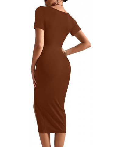 Women's Twist Cutout Waist Split Crewneck Short Sleeve Bodycon Midi Dress Caramel $22.13 Dresses