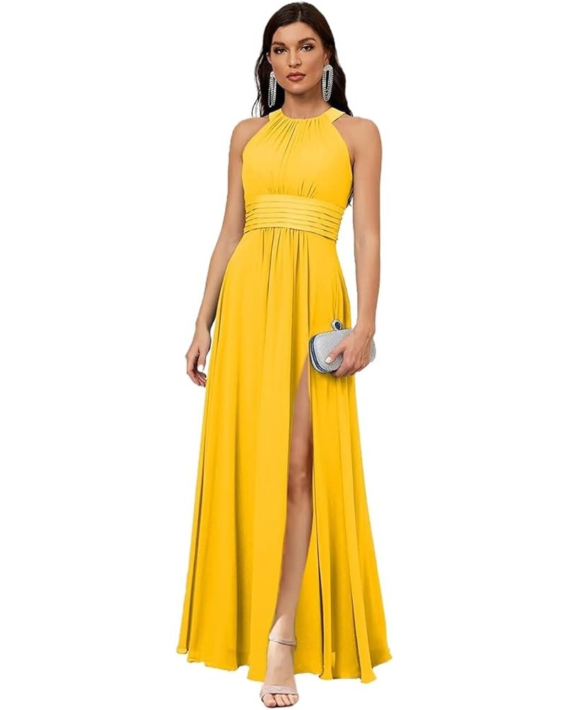 Women's Split Side Bridesmaid Dresses Pleat Chiffon Formal Prom Floor Length Evening Gowns Bright Yellow $23.65 Dresses