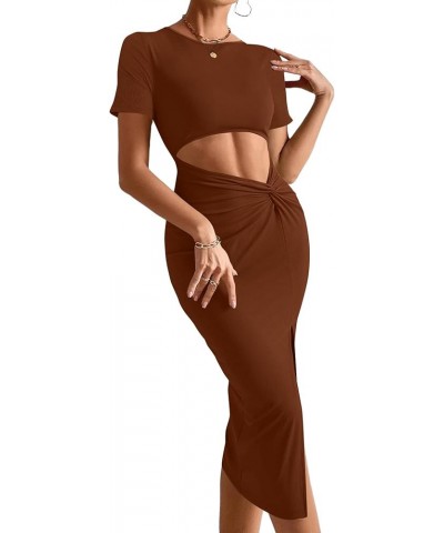 Women's Twist Cutout Waist Split Crewneck Short Sleeve Bodycon Midi Dress Caramel $22.13 Dresses