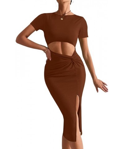 Women's Twist Cutout Waist Split Crewneck Short Sleeve Bodycon Midi Dress Caramel $22.13 Dresses