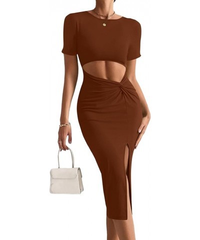 Women's Twist Cutout Waist Split Crewneck Short Sleeve Bodycon Midi Dress Caramel $22.13 Dresses