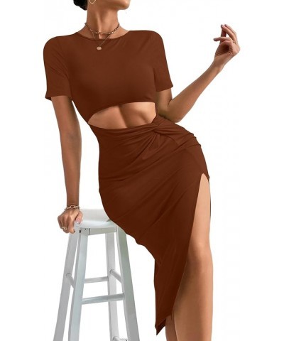 Women's Twist Cutout Waist Split Crewneck Short Sleeve Bodycon Midi Dress Caramel $22.13 Dresses