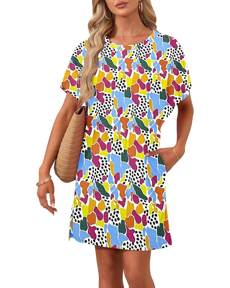 Women's Summer Short Sleeve T-Shirt Dress Casual Loose Slit Beach Mini Tunic Dress with Pockets 02 Multi Colored $17.28 Dresses