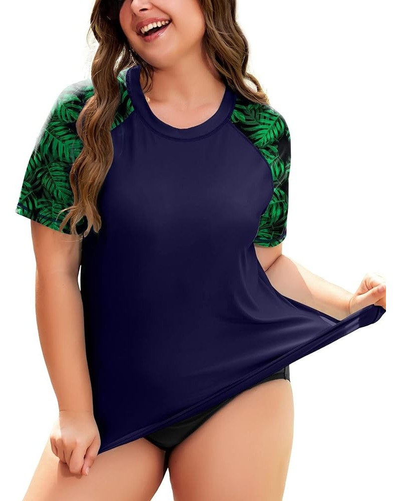 Womens Plus Size Rash Guard Short Sleeve Swim Shirt UPF 50+ Sun Protection Swimsuit Top Navy + Green Leaves $20.29 Swimsuits