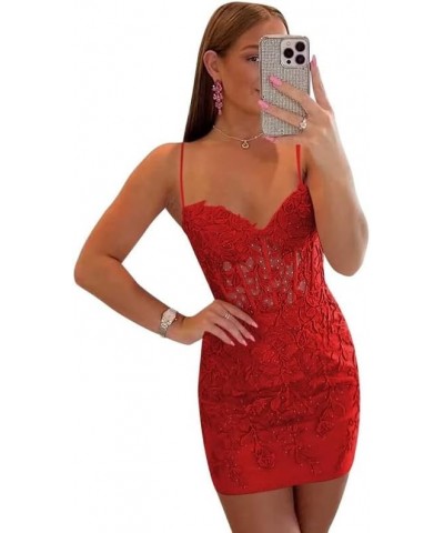 Spaghetti Strap Tight Homecoming Dresses for Teens 2023 Short Lace Appliques Prom Cocktail Dress Red $40.00 Dresses