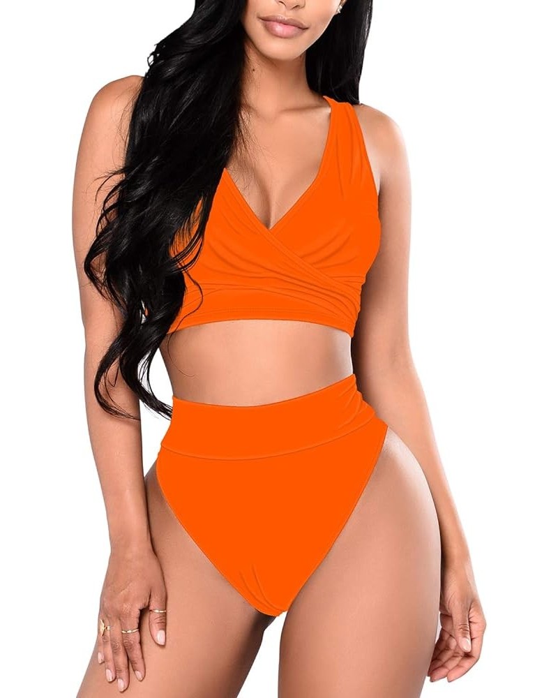 Women's High Waisted Swimsuit 2 Piece Bathing Suits Bikini Plain Neon Orange $11.75 Swimsuits