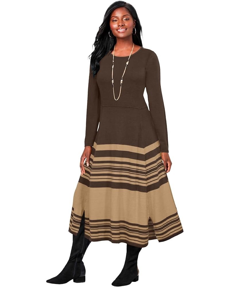 Women's Plus Size Fit and Flare Sweater Dress Chocolate Soft Camel $33.87 Dresses