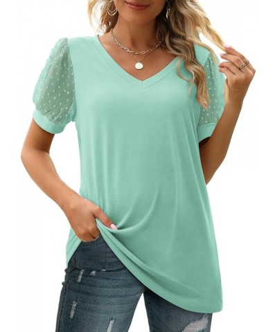 Ladies Summer Tops and Blouses 2023 Sheer Lace Puff Sleeve V Neck Dressy Tunic Top Shirt Loose Fit Fashion Resort Wear 4 Mint...