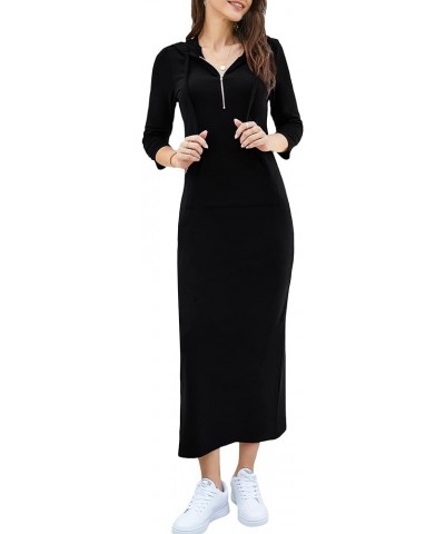 Women Casual Pocket Quarter-Zip Neck 3/4 Sleeve Slim Split Pullover Hoodie Maxi Dress Black-front Pocket-3/4 Sleeve $15.35 Dr...