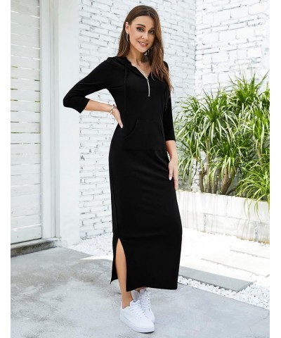 Women Casual Pocket Quarter-Zip Neck 3/4 Sleeve Slim Split Pullover Hoodie Maxi Dress Black-front Pocket-3/4 Sleeve $15.35 Dr...