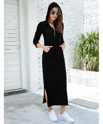 Women Casual Pocket Quarter-Zip Neck 3/4 Sleeve Slim Split Pullover Hoodie Maxi Dress Black-front Pocket-3/4 Sleeve $15.35 Dr...