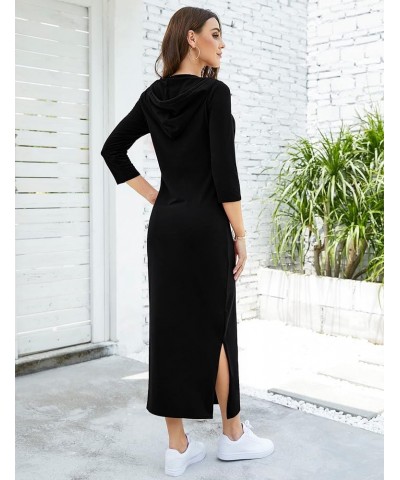 Women Casual Pocket Quarter-Zip Neck 3/4 Sleeve Slim Split Pullover Hoodie Maxi Dress Black-front Pocket-3/4 Sleeve $15.35 Dr...