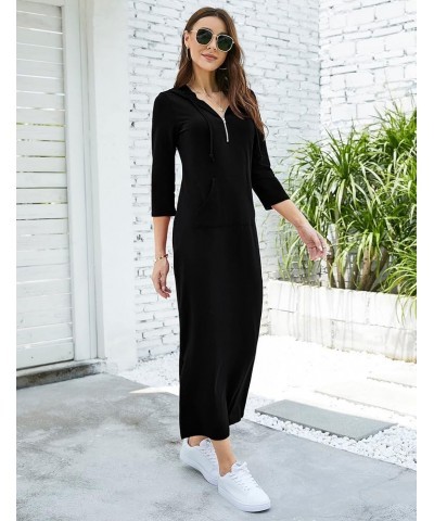 Women Casual Pocket Quarter-Zip Neck 3/4 Sleeve Slim Split Pullover Hoodie Maxi Dress Black-front Pocket-3/4 Sleeve $15.35 Dr...