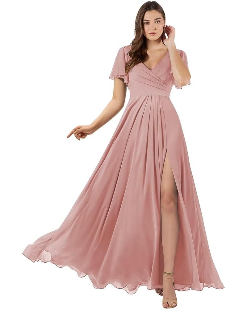 Women's Flutter Sleeve Bridesmaid Dresses Long with Slit V Neck Chiffon Formal Dresses SE036 Dusty Rose $32.50 Dresses