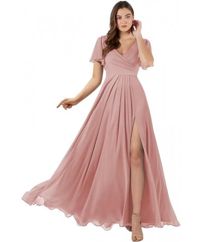 Women's Flutter Sleeve Bridesmaid Dresses Long with Slit V Neck Chiffon Formal Dresses SE036 Dusty Rose $32.50 Dresses