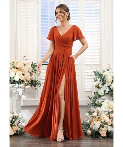 Women's Flutter Sleeve Bridesmaid Dresses Long with Slit V Neck Chiffon Formal Dresses SE036 Dusty Rose $32.50 Dresses