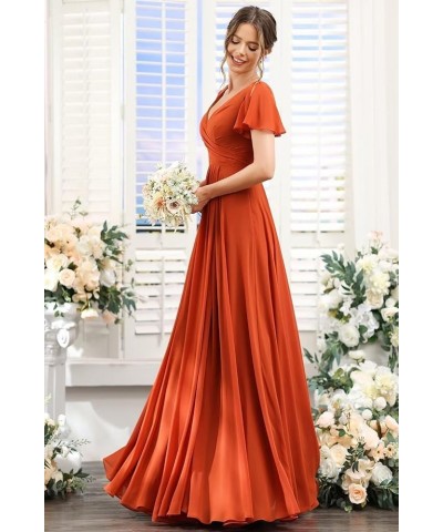 Women's Flutter Sleeve Bridesmaid Dresses Long with Slit V Neck Chiffon Formal Dresses SE036 Dusty Rose $32.50 Dresses