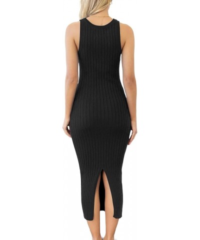 Women's Sexy Ribbed Knit Crew Neck Sleeveless Split Slim Bodycon Tank Midi Dress Black $22.61 Dresses