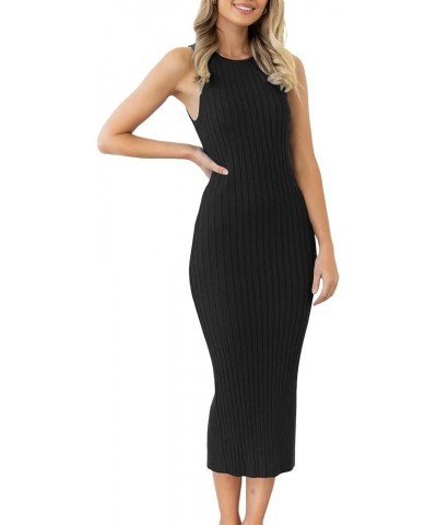 Women's Sexy Ribbed Knit Crew Neck Sleeveless Split Slim Bodycon Tank Midi Dress Black $22.61 Dresses