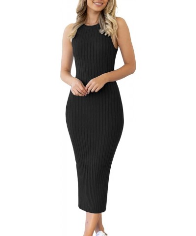 Women's Sexy Ribbed Knit Crew Neck Sleeveless Split Slim Bodycon Tank Midi Dress Black $22.61 Dresses