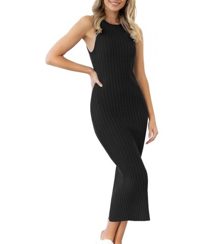 Women's Sexy Ribbed Knit Crew Neck Sleeveless Split Slim Bodycon Tank Midi Dress Black $22.61 Dresses