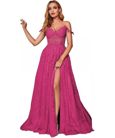 Lace Applique Tulle Prom Dresses for Women Long Spaghetti Straps Formal Evening Party Gown Ball Gown with Slit Fuchsia $49.20...