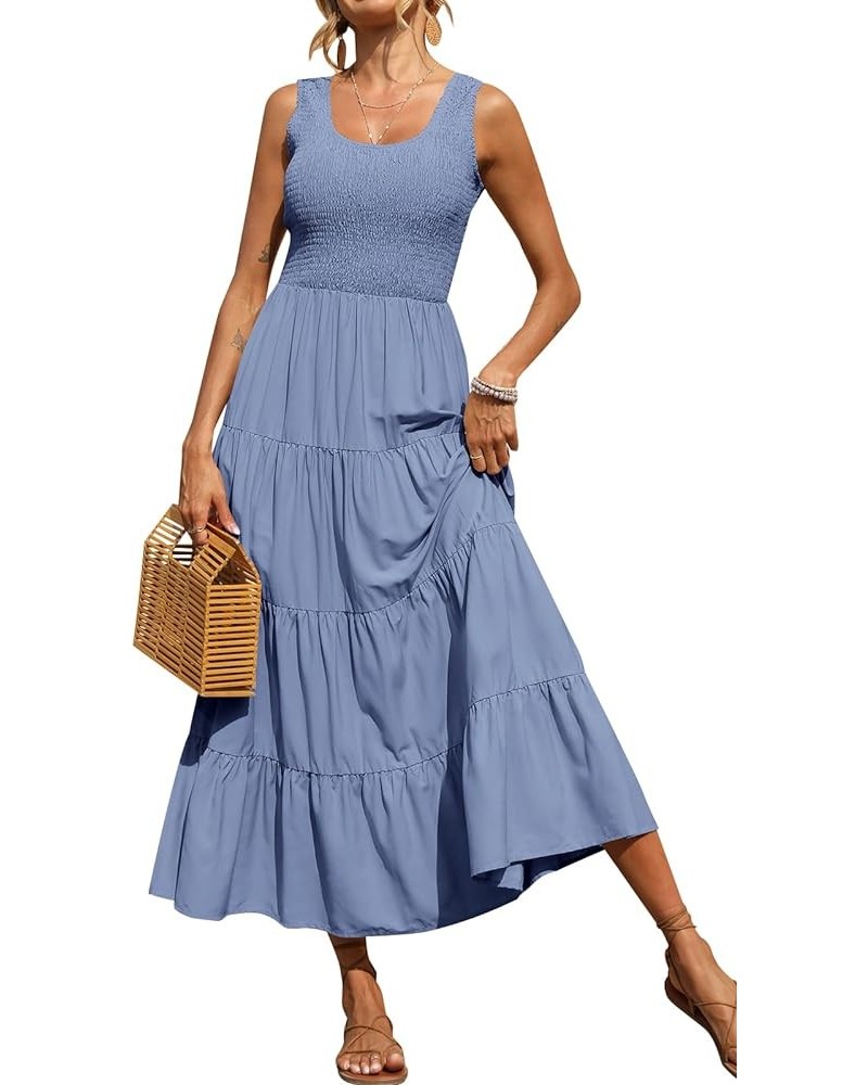 Women's 2024 Casual Loose Plain Maxi Sundress Smocked Tank Dress Sleeveless Summer Beach Tiered Long Dresses Grey Blue $23.96...