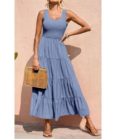 Women's 2024 Casual Loose Plain Maxi Sundress Smocked Tank Dress Sleeveless Summer Beach Tiered Long Dresses Grey Blue $23.96...