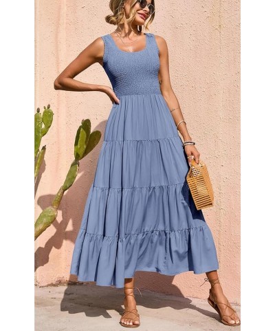 Women's 2024 Casual Loose Plain Maxi Sundress Smocked Tank Dress Sleeveless Summer Beach Tiered Long Dresses Grey Blue $23.96...