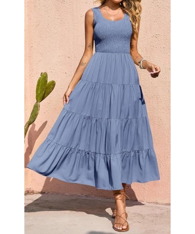 Women's 2024 Casual Loose Plain Maxi Sundress Smocked Tank Dress Sleeveless Summer Beach Tiered Long Dresses Grey Blue $23.96...