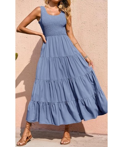 Women's 2024 Casual Loose Plain Maxi Sundress Smocked Tank Dress Sleeveless Summer Beach Tiered Long Dresses Grey Blue $23.96...